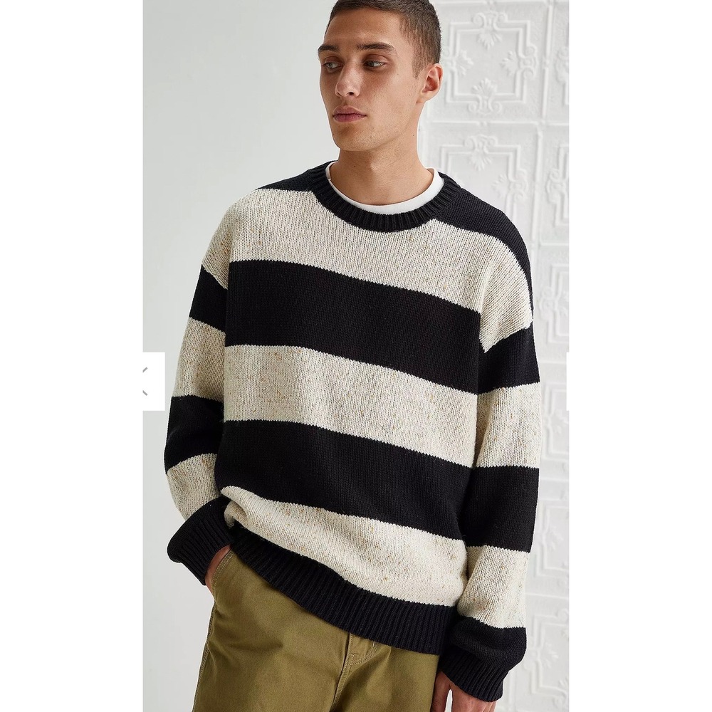 Urban Outfitters‎ Mens Striped Crewneck Sweater Black Cream Flecked Knit size M
